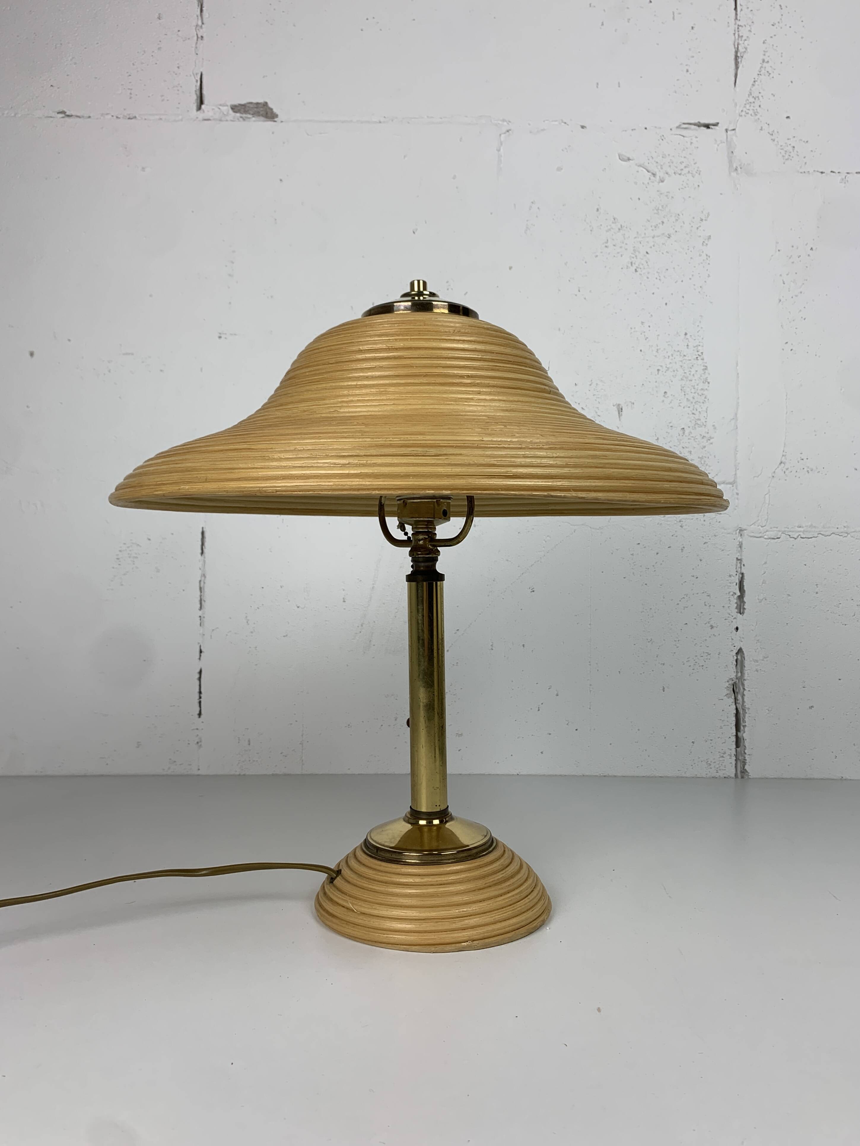 Pencil reed rattan bamboo and brass table lamp, Italy, 1970s
