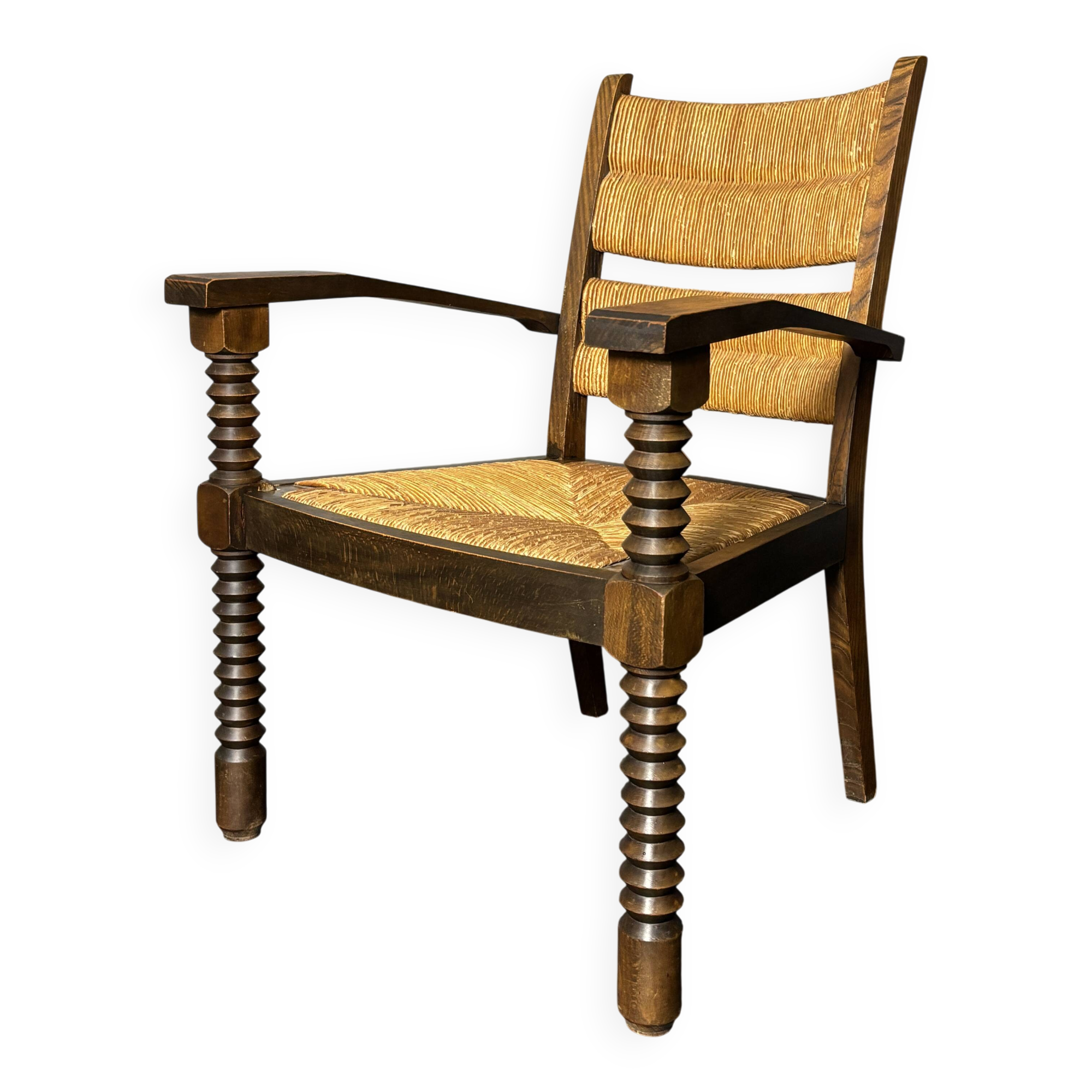 Wood turned rush armchair in the stye of Charles Dudouyt, France 1950s