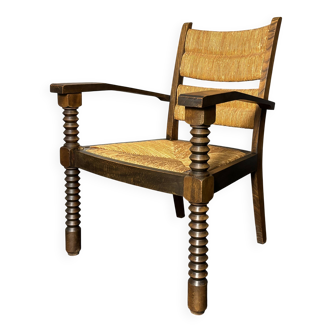 Wood turned rush armchair in the stye of Charles Dudouyt, France 1950s