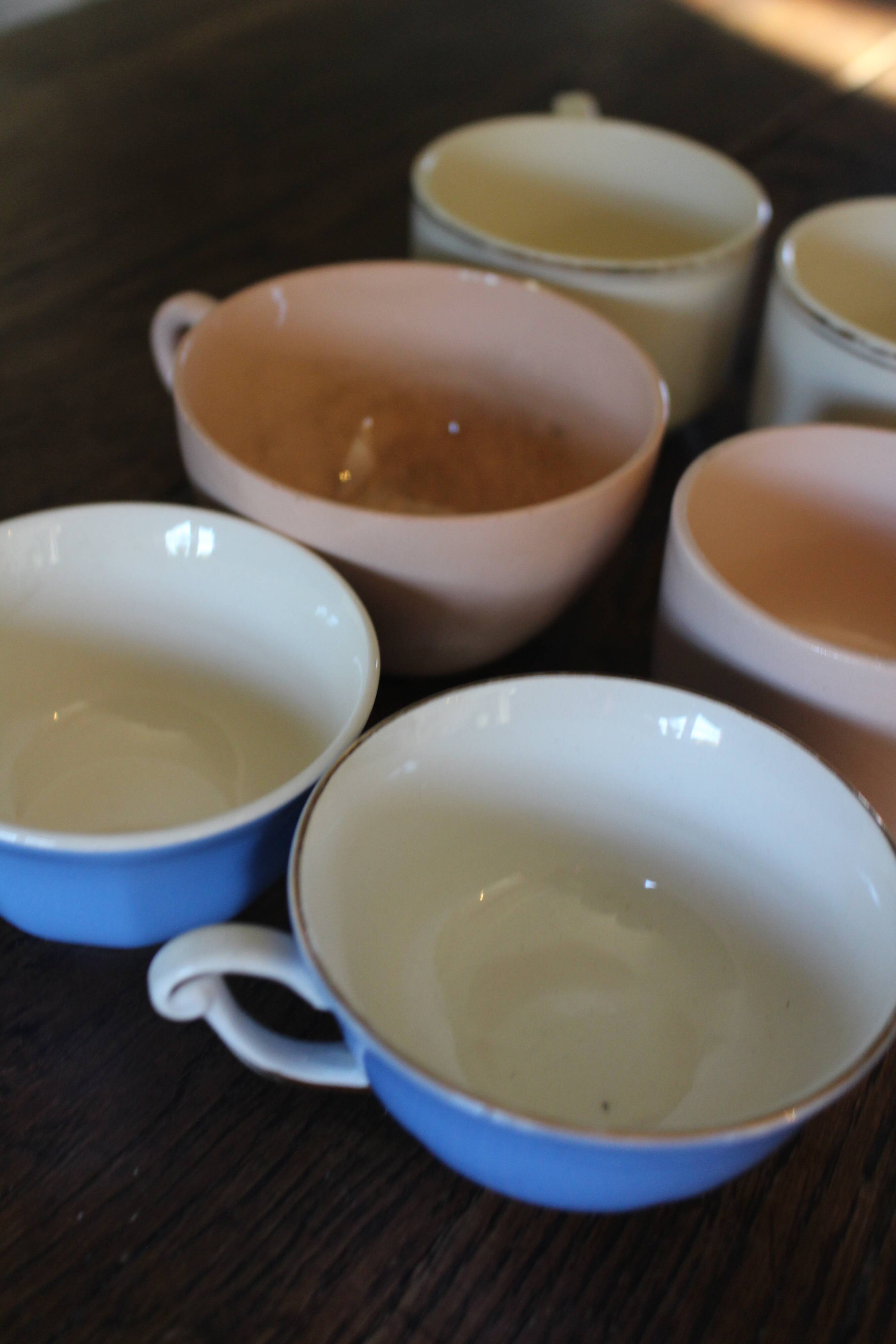 A set of 6 pink, blue, and cream cups from Digoin Céranord Villeroy Art Deco.