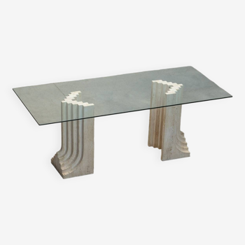 Postmodern brutalist dining room table in travertine 70s