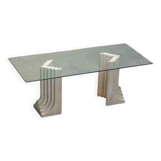 Postmodern brutalist dining room table in travertine 70s