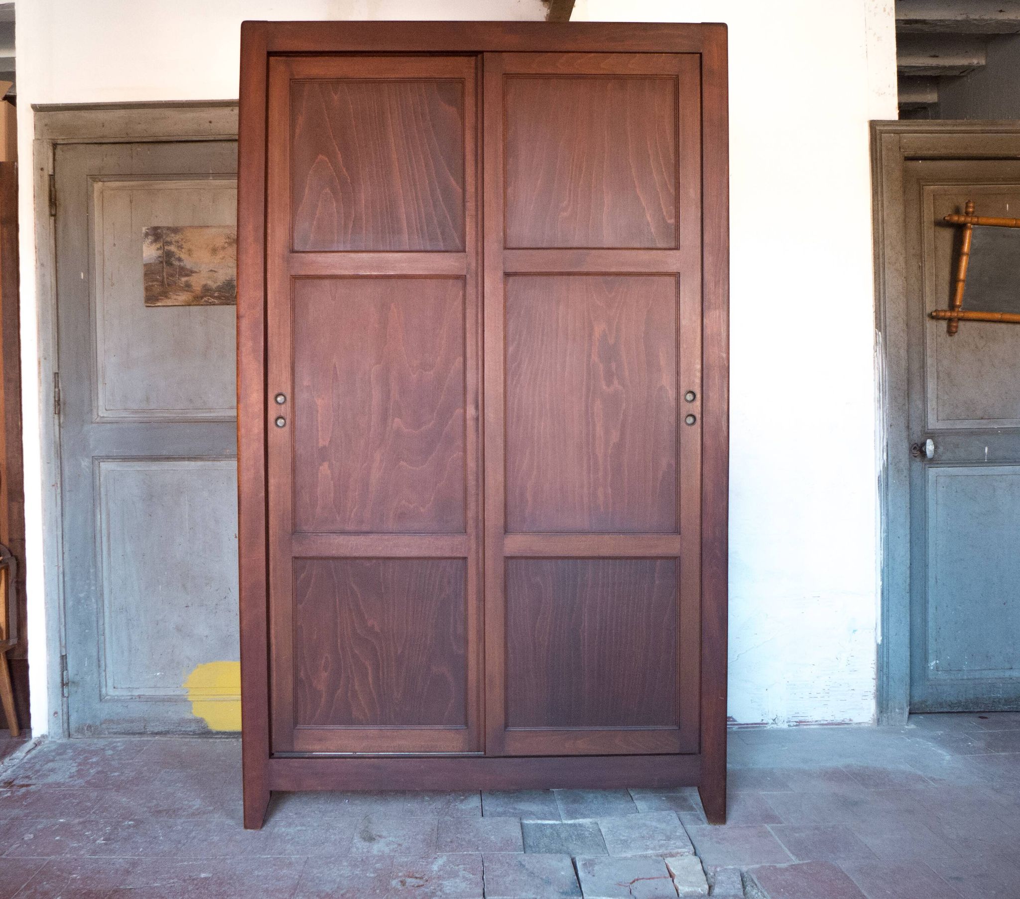 Wooden wardrobe with sliding doors, wooden wardrobe, vintage storage furniture
