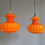 Pair of Space Age pendant lights in orange opaline, Peill & Putzler, 1970