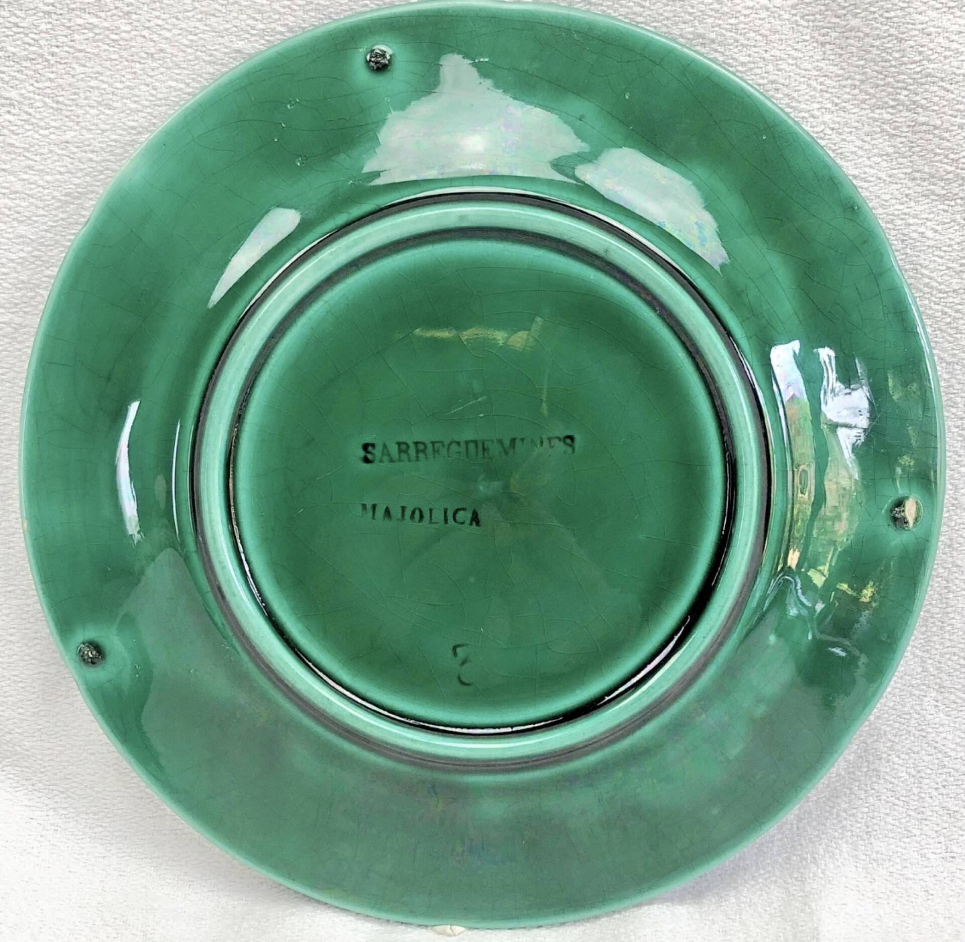 3 fruit plates Sarreguemines majolica shaded enamel Rubelles