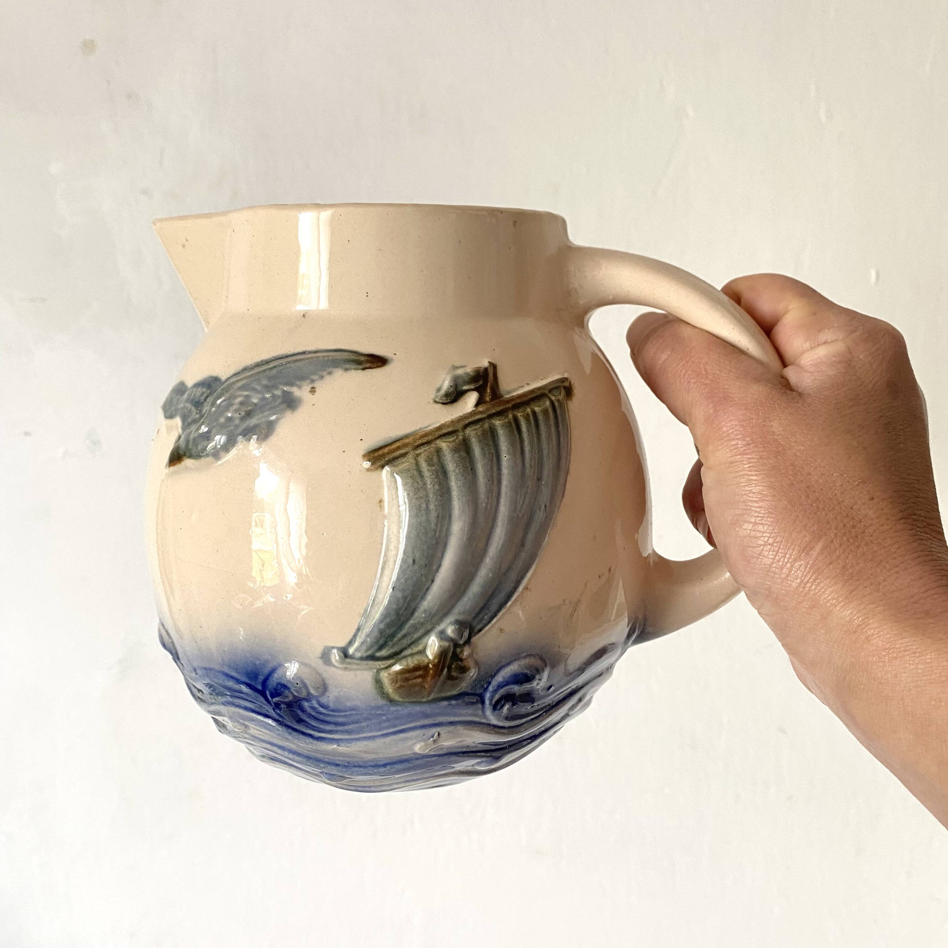 Digoin France barbotine pitcher with marine decor