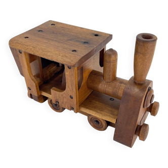 Unique Vintage Handcrafted Oak Wood Stool in Shape of Locomotive, 1950s