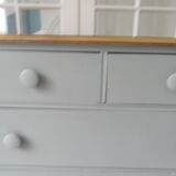 Vintage chest of drawers green gray, 5 drawers, wooden top.