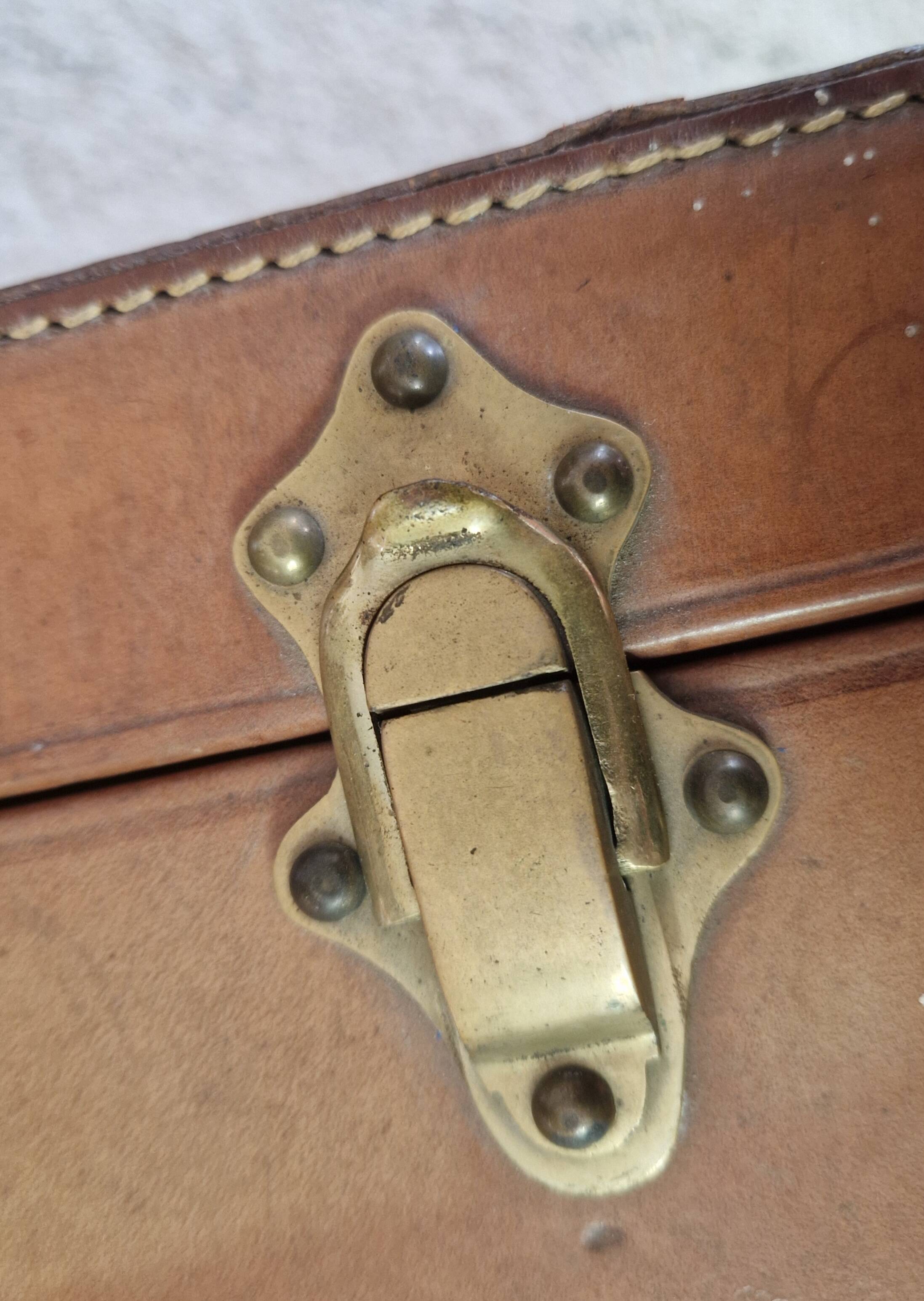 Antique leather and brass trunk/suitcase, high-end luggage circa 1930