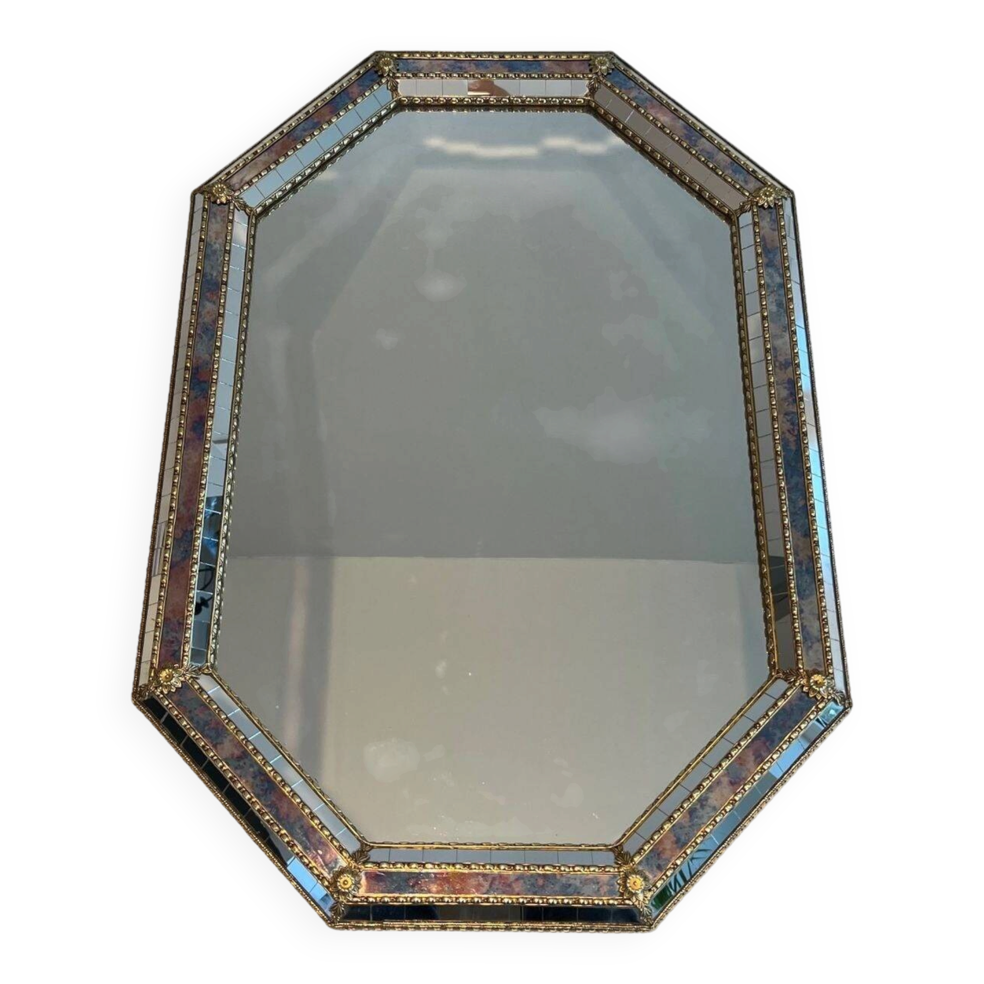 Octagonal Faceted Mirror with Brass Garlands — French Work, Glass