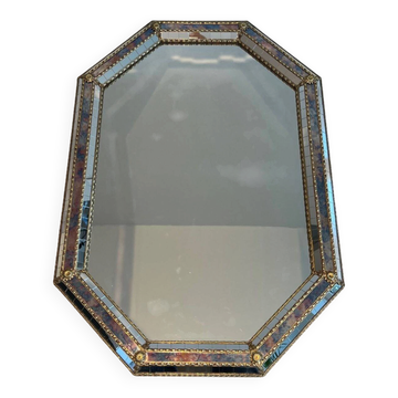 Octagonal Faceted Mirror with Brass Garlands — French Work, Glass