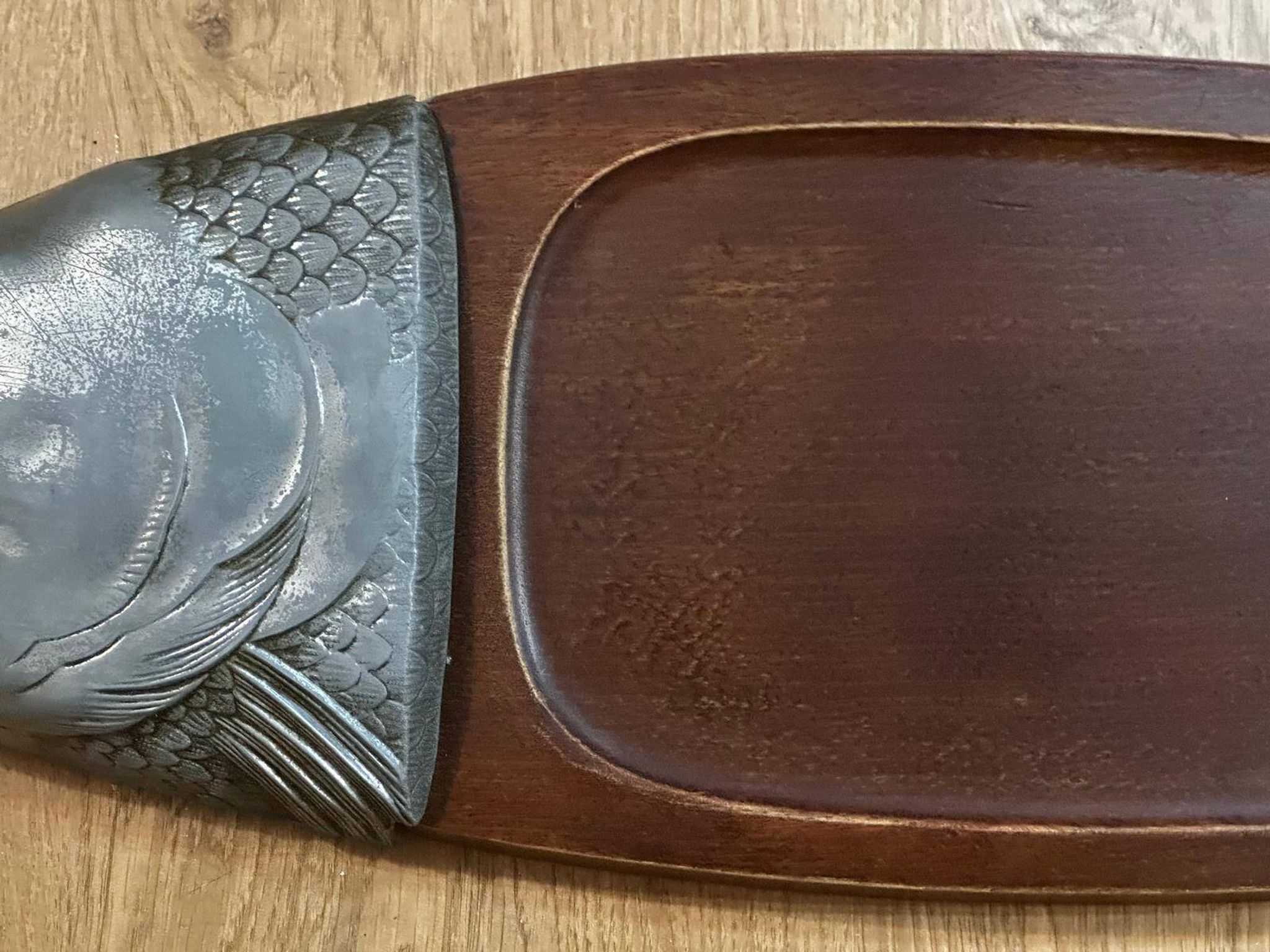Vintage wooden and metal fish platter – salmon/trout serving tray –