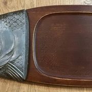 Vintage wooden and metal fish platter – salmon/trout serving tray –