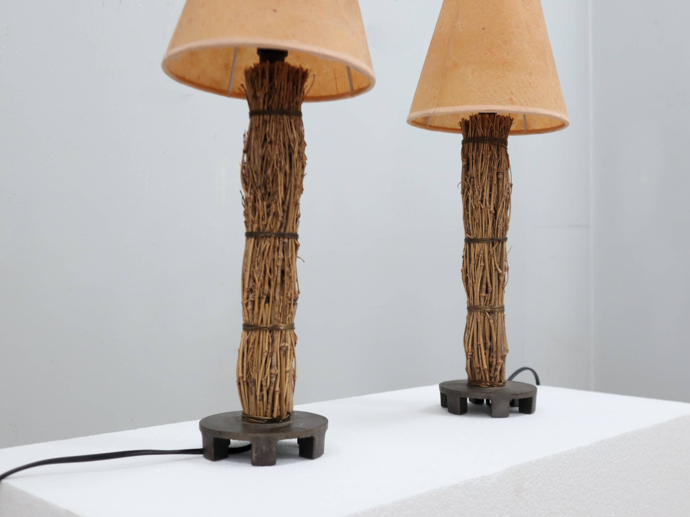 Pair of 1970s Italian decorative table lamps raphia & parchment
