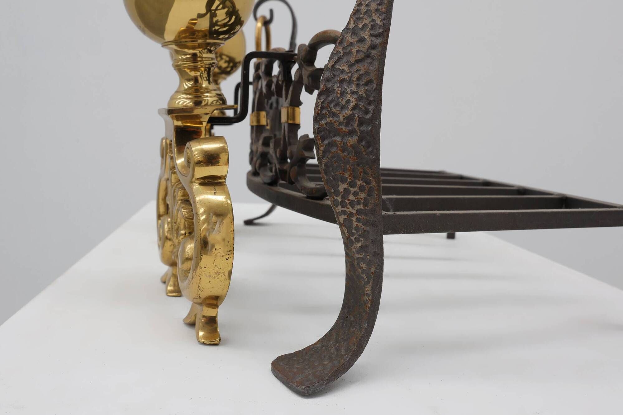 Pair of French Brass Firedogs and Wrought Iron Fireplace Grate, 20th Centur