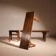 Ensemble de banc, tabouret et table basse 'Wabi Sabi' primitif en chêne massif.