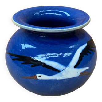 Old ball vase prod art ceramic blue decor storks alsace vintage