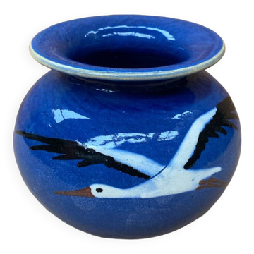 Ancien vase boule prod art céramique bleu décor cigognes alsace vintage