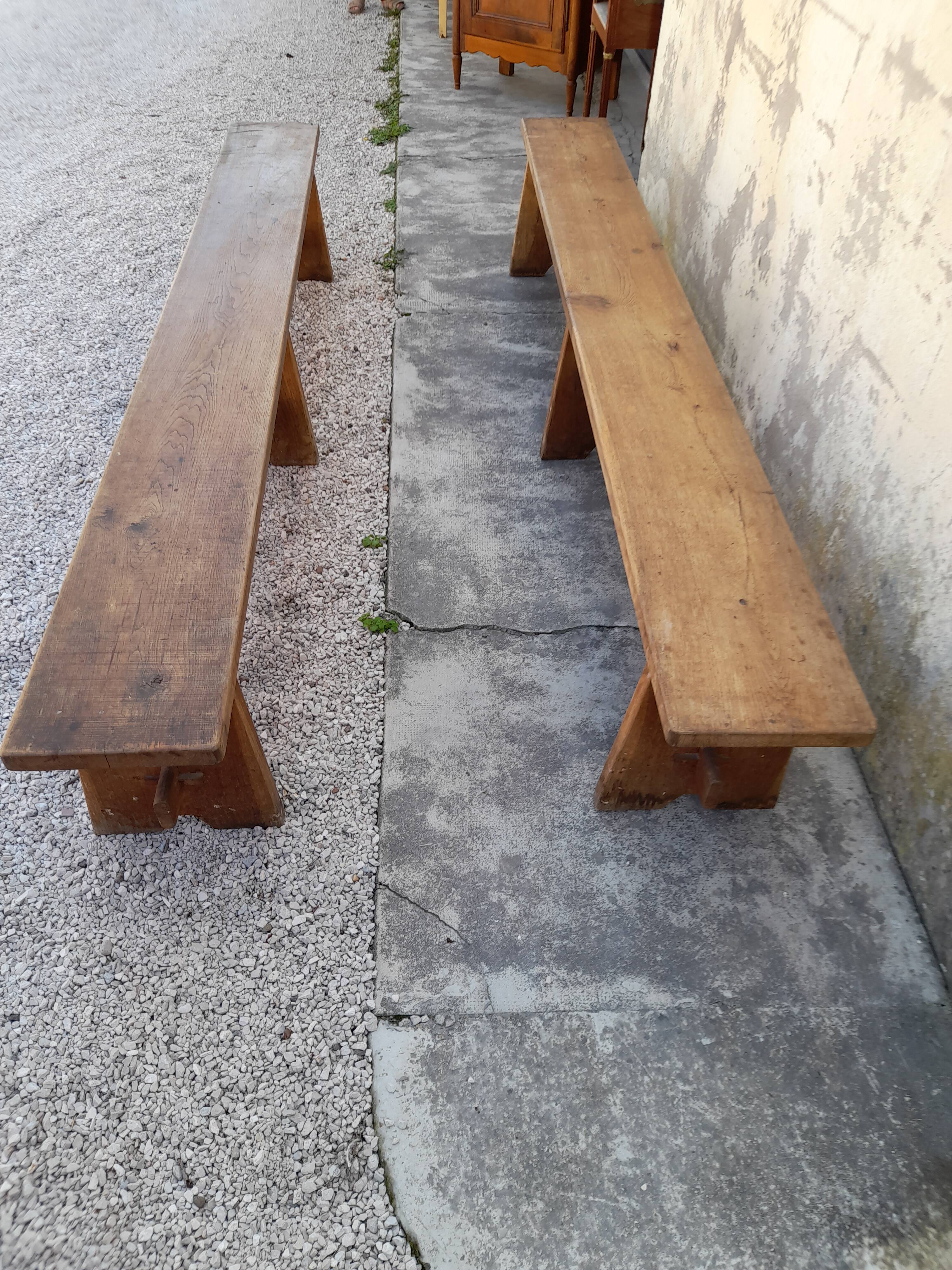 Pair of oak old farm benches 2m71