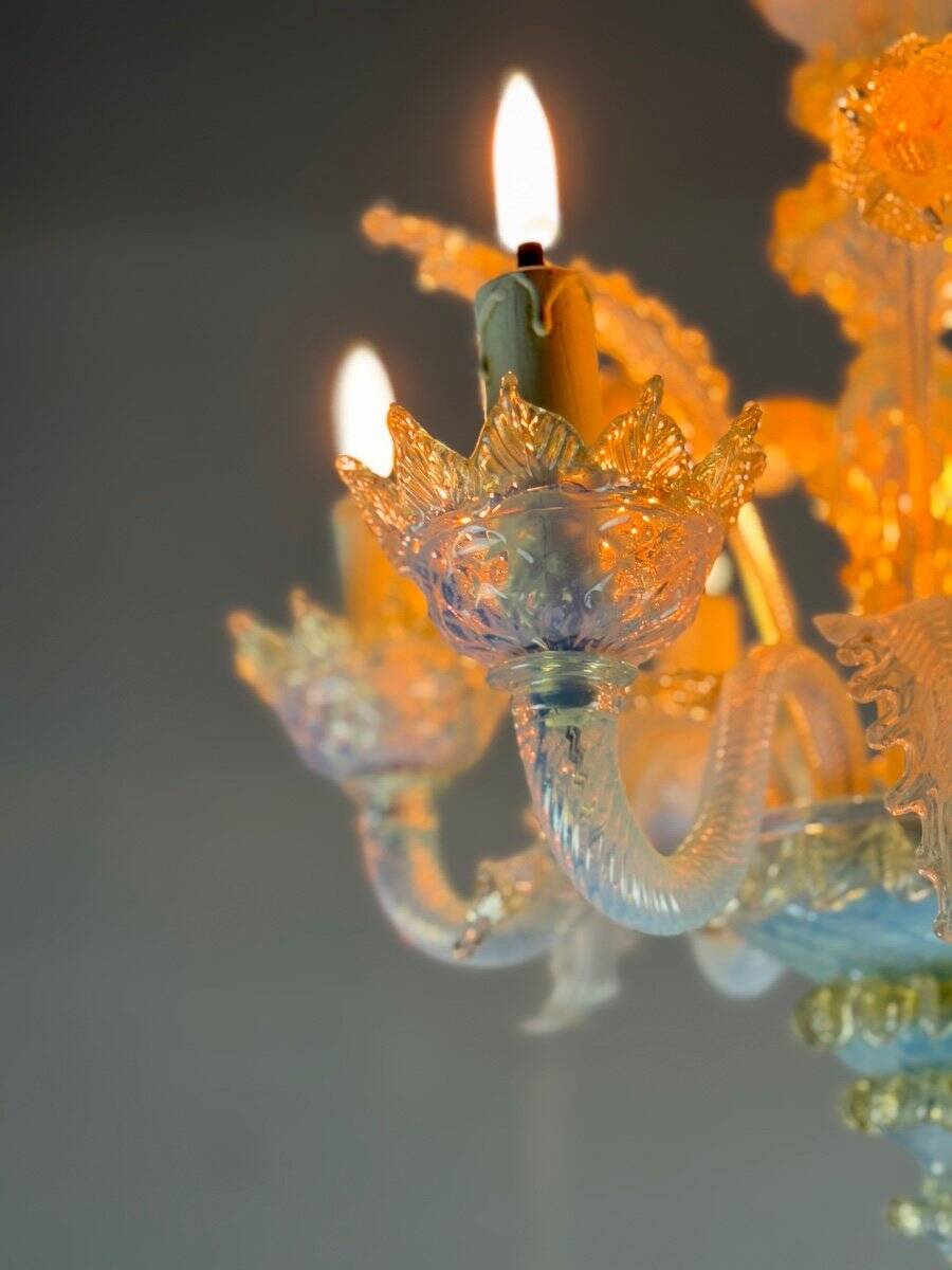Small Venetian Chandelier In Opalescent Blue And Gold Murano Glass, 6 Arms Of Light Circa 1950