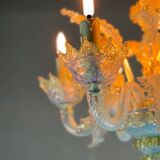 Small Venetian Chandelier In Opalescent Blue And Gold Murano Glass, 6 Arms Of Light Circa 1950