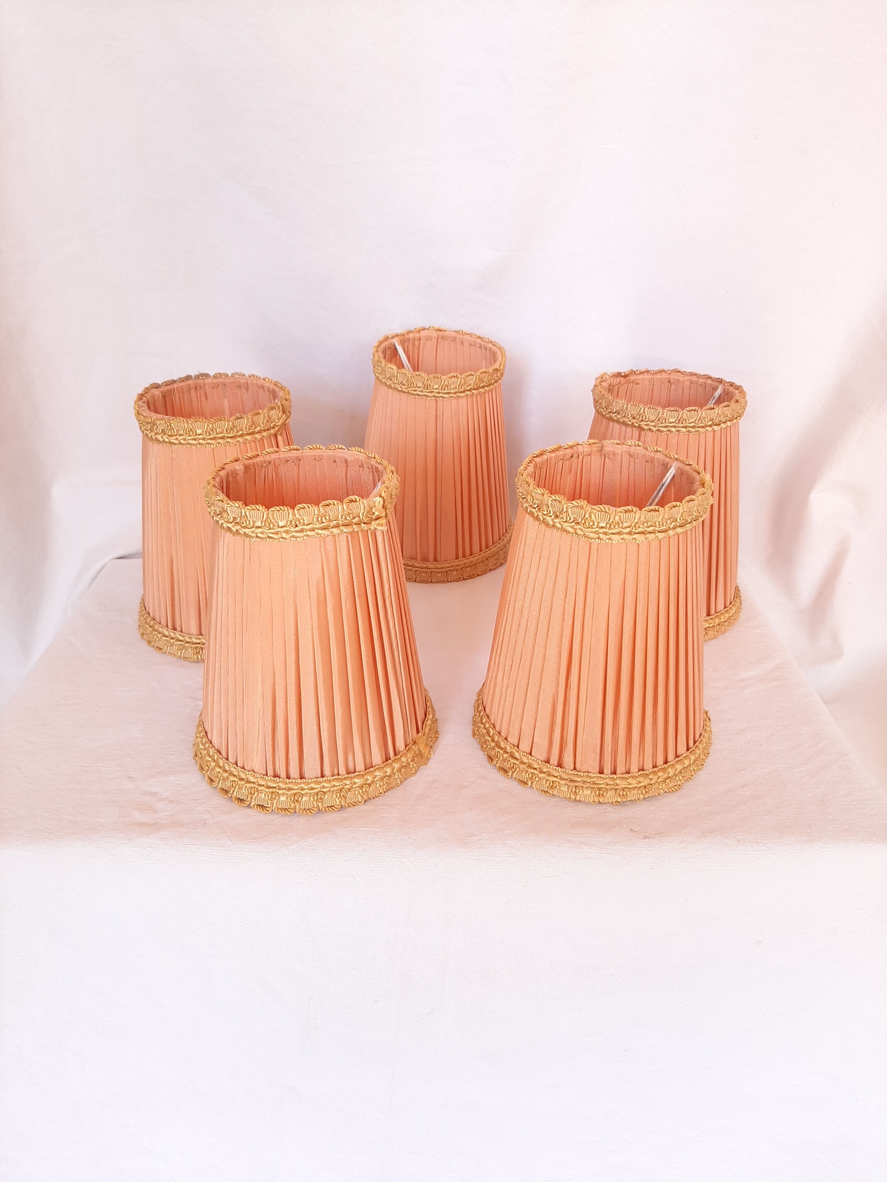 5 lampshades with clips for chandelier, 60s, pleated taffetas peach and golden trimmings