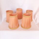 5 lampshades with clips for chandelier, 60s, pleated taffetas peach and golden trimmings