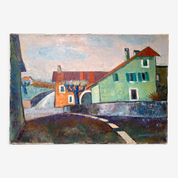 Old painting, urban landscape, signed and dated 80