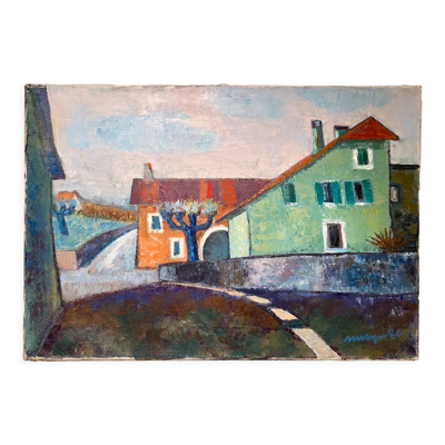 Tableau ancien, paysage urbain, signé et daté 80