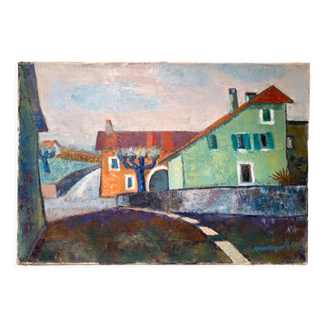 Old painting, urban landscape, signed and dated 80