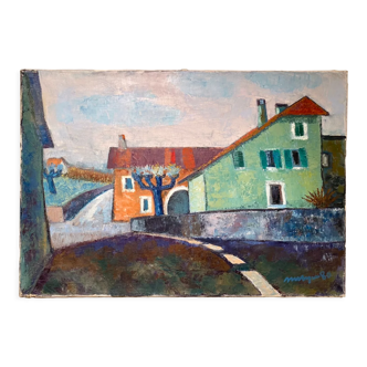 Tableau ancien, paysage urbain, signé et daté 80