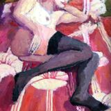 Jean Pesce. Nude with flowered sheets. Oil panel signed and framed