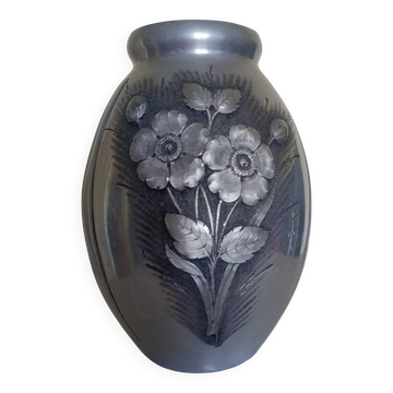 Edition Aliométal Artistique Irman - Vase aux fleurs en relief - aluminium