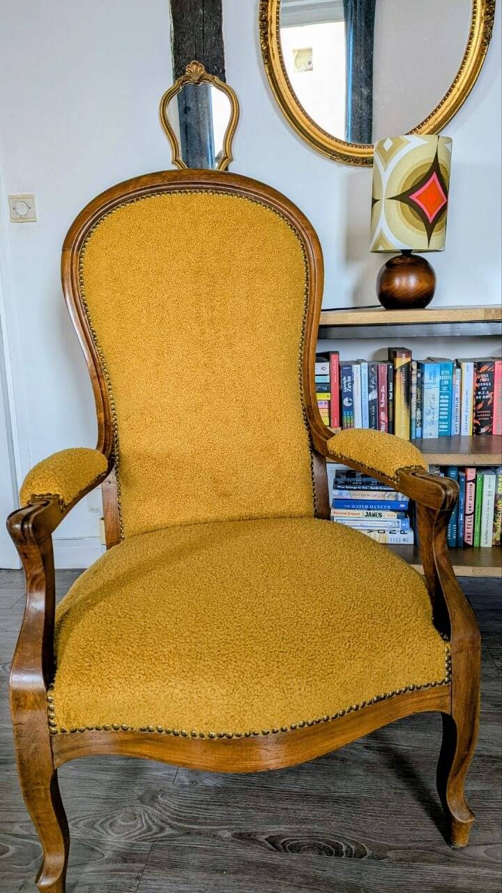 Restored antique Voltaire armchair, traditional upholstery, boucle fabric.
