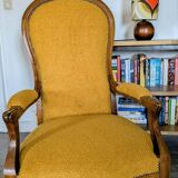 Restored antique Voltaire armchair, traditional upholstery, boucle fabric.