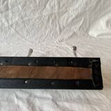 Vintage wall coat rack in wood and black Skai - 6 coat hooks