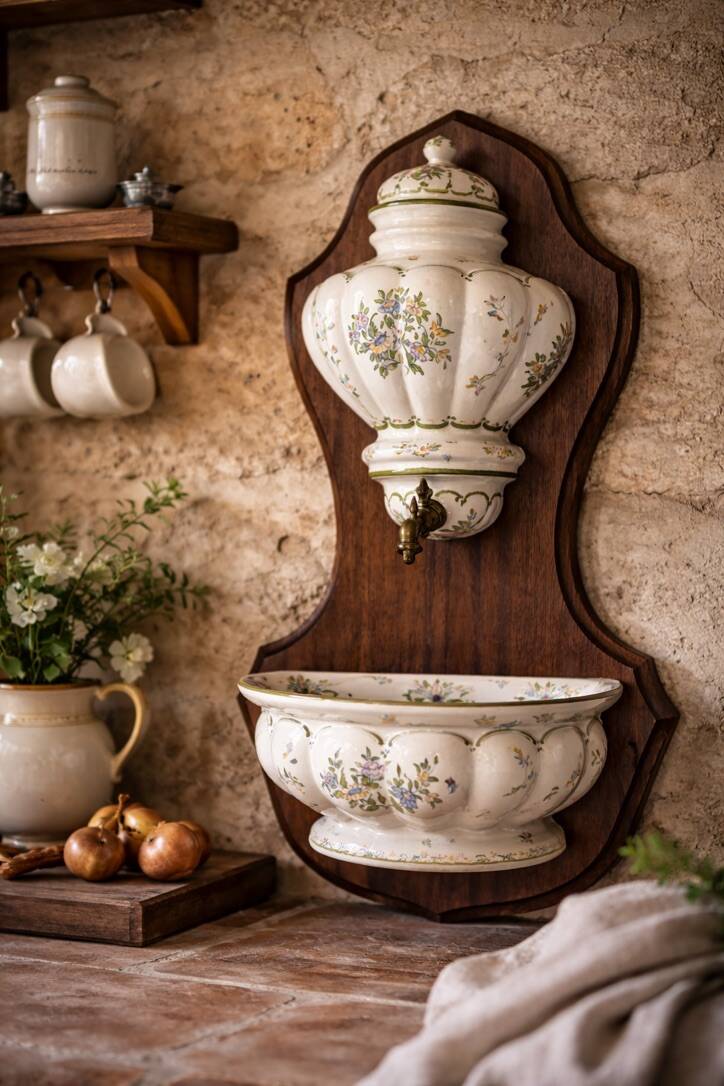 Moustiers wall fountain in signed earthenware – country house spirit