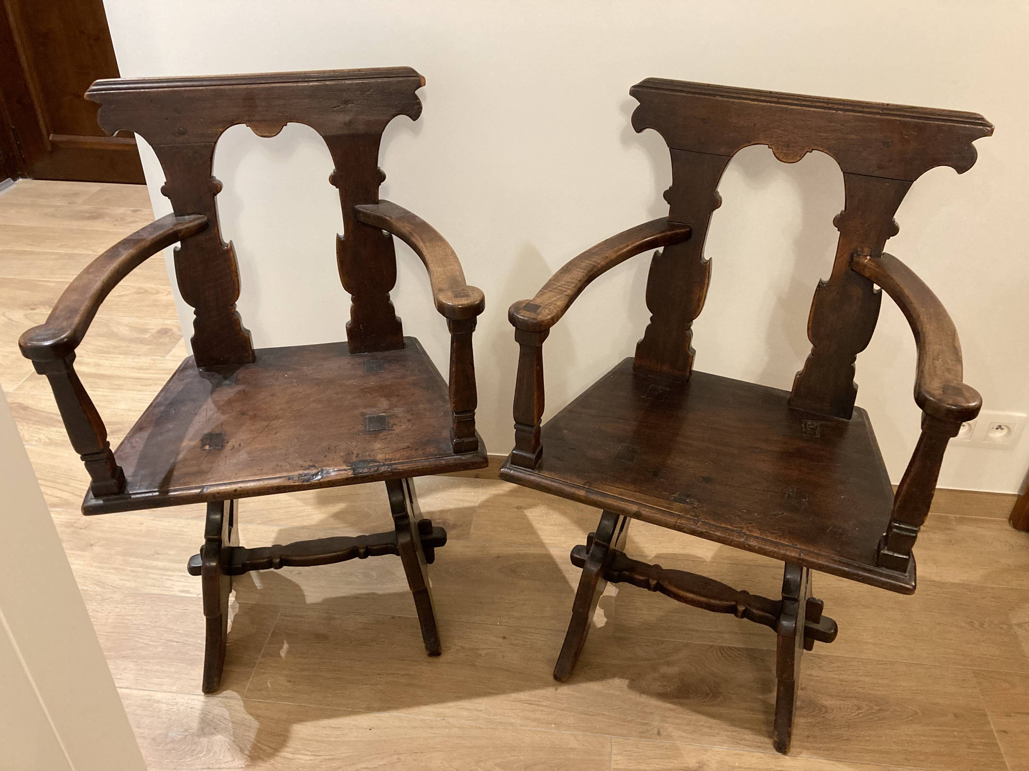 Pair of carved solid wood Dolomites armchairs