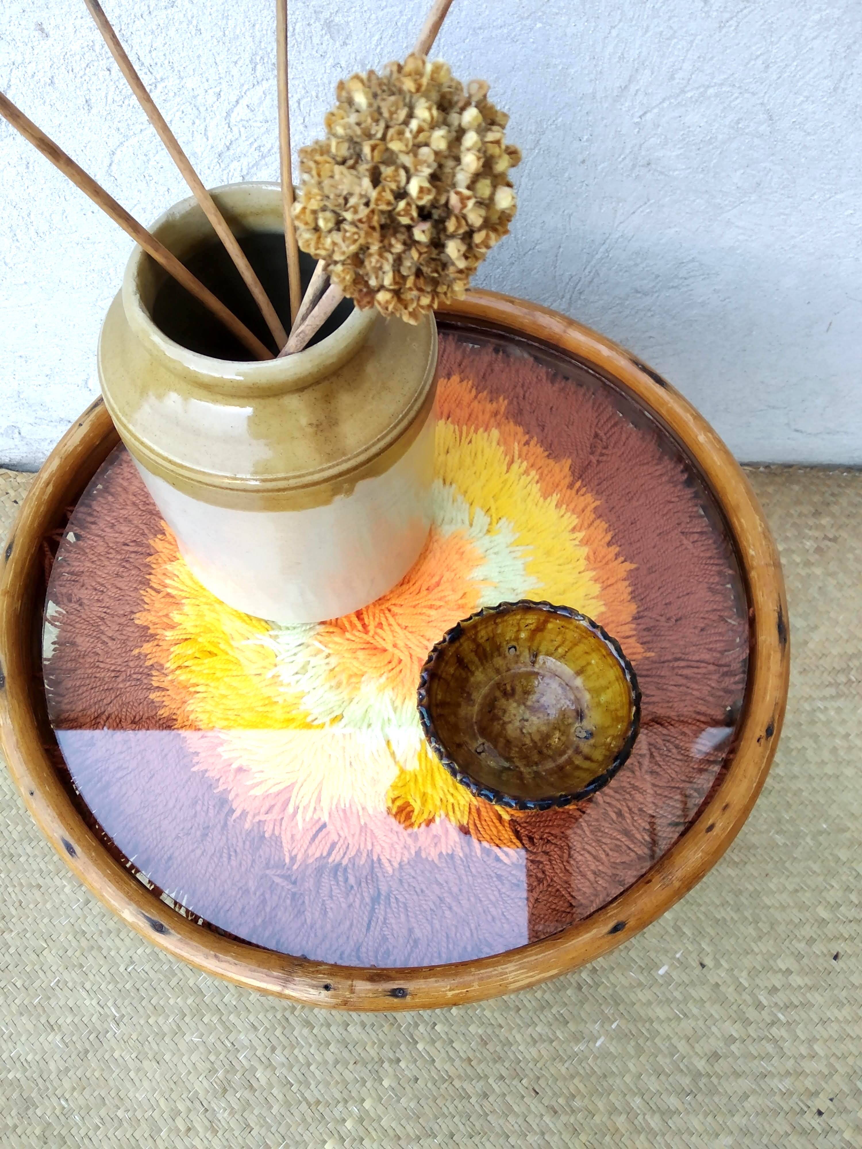 Table tabouret en rotin et verre vintage
