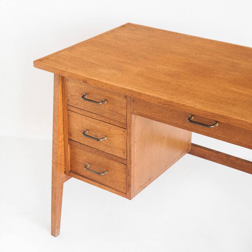 Vintage oak desk. Compass legs with drawers. France, 1950s