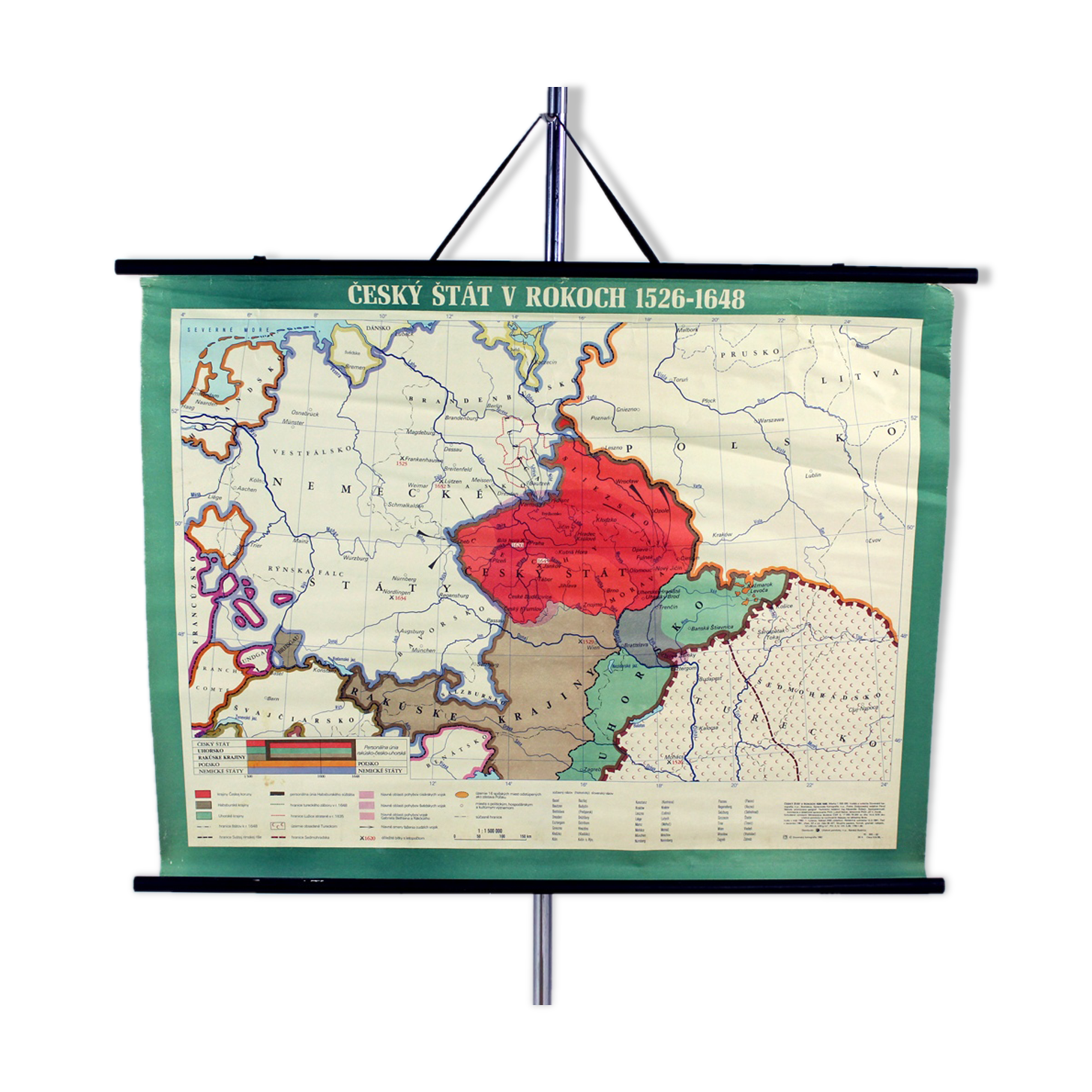 Vintage school map of czech state, czechoslovakia 1960s