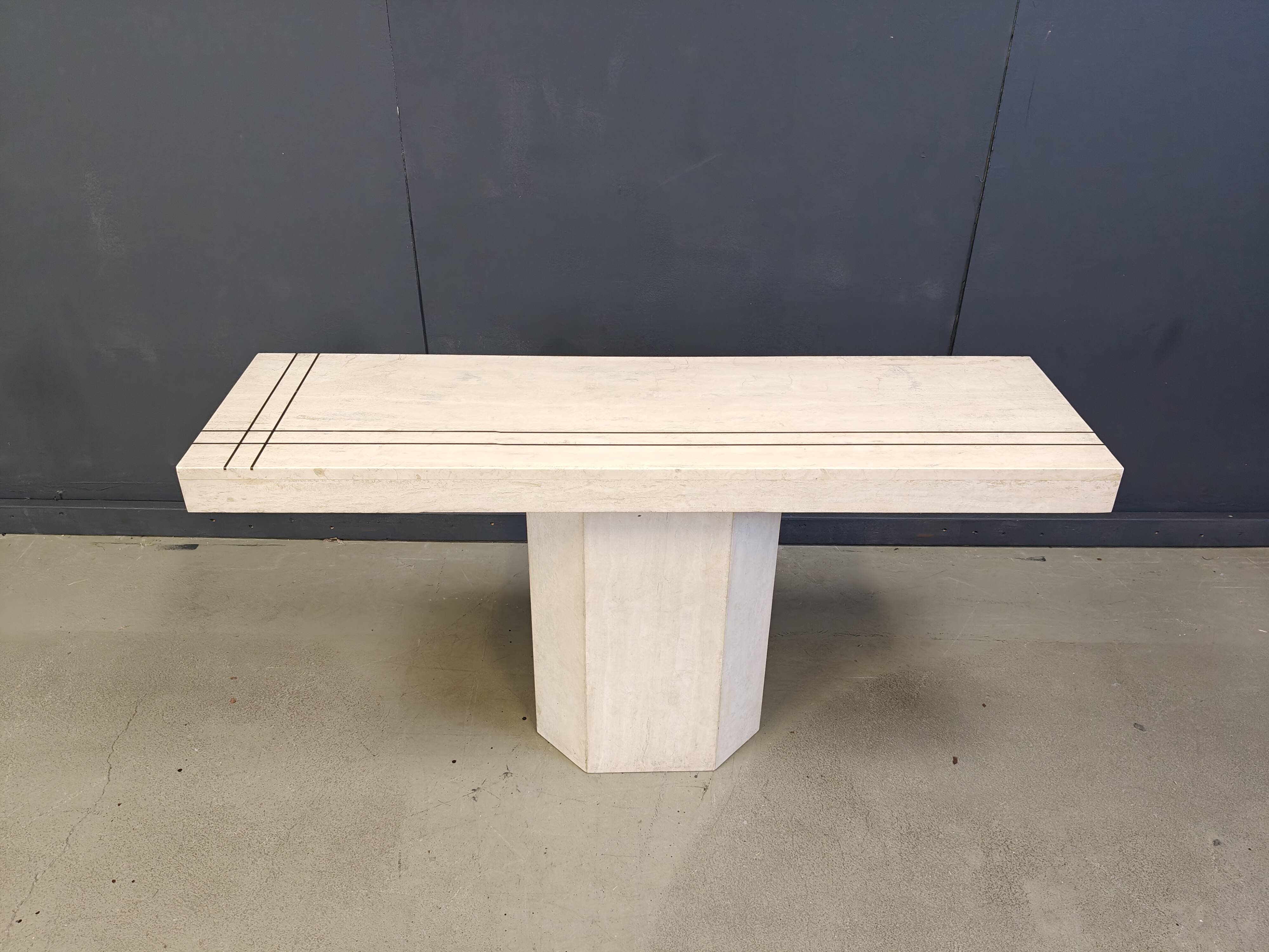 Vintage travertine and brass console table by Roche Bobois, 1970s