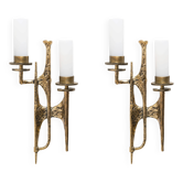Pair of Brutalist Bronze Wall and Murano glass Sconces by Felix Agostini