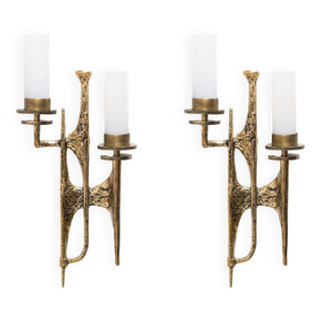 Pair of Brutalist Bronze Wall and Murano glass Sconces by Felix Agostini