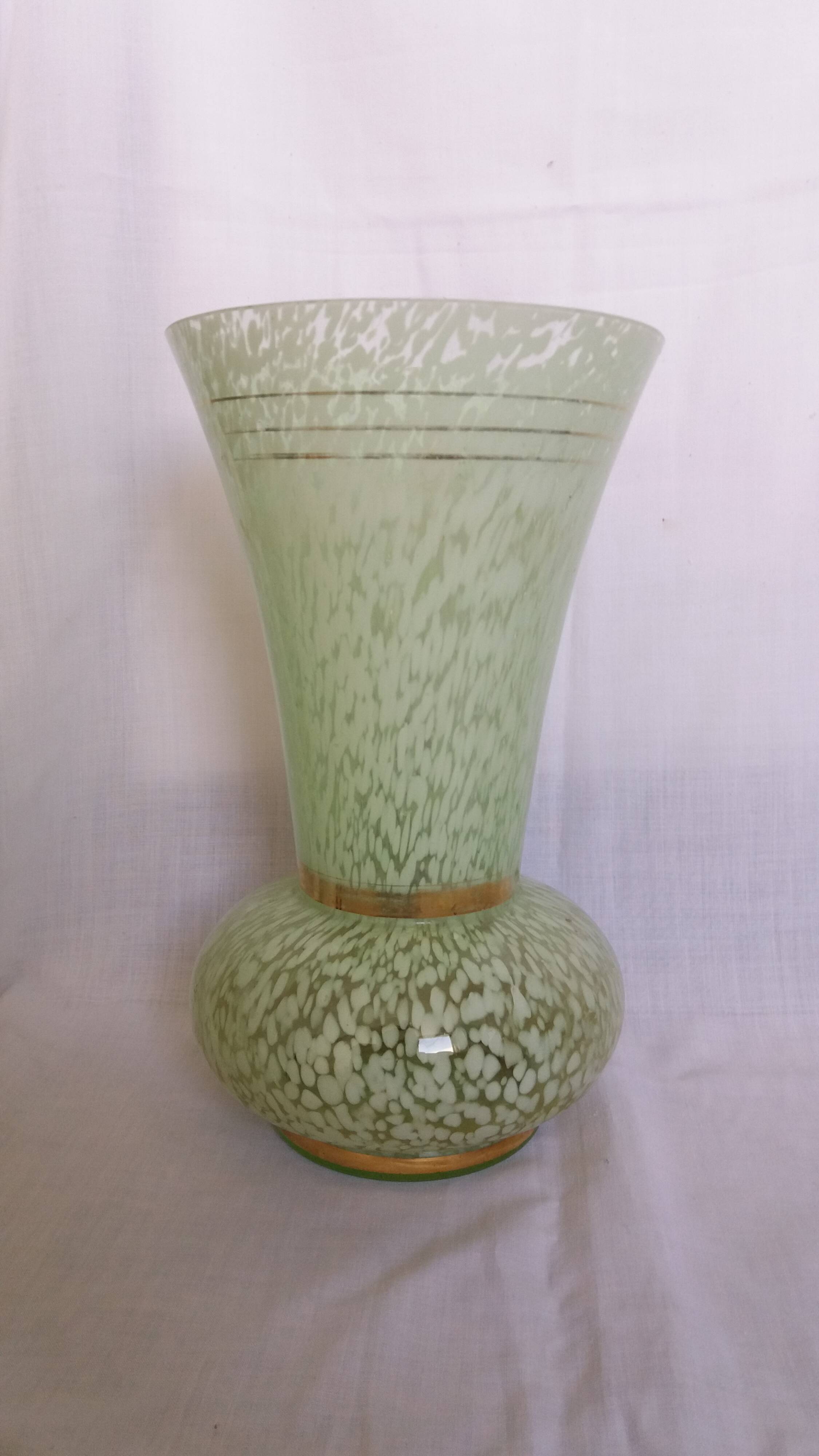 Green speckled glass vase from Clichy with gold threads.