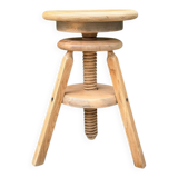 1950s solid oak tripod workshop stool with a screw mechanism.