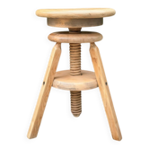 Tabouret d’atelier à vis tripode chêne massif 1950