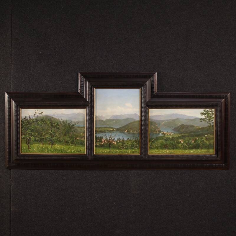 Triptyque de peintures vue du lac de Lugano, 20e siècle