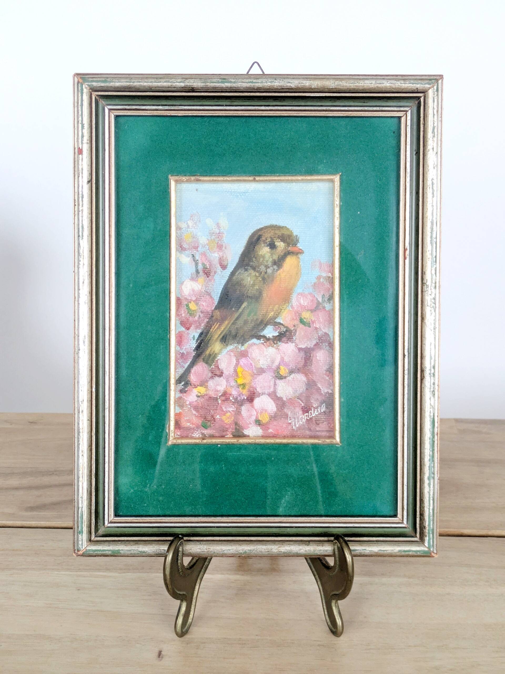 Vintage oil painting signed, robin, distressed frame.