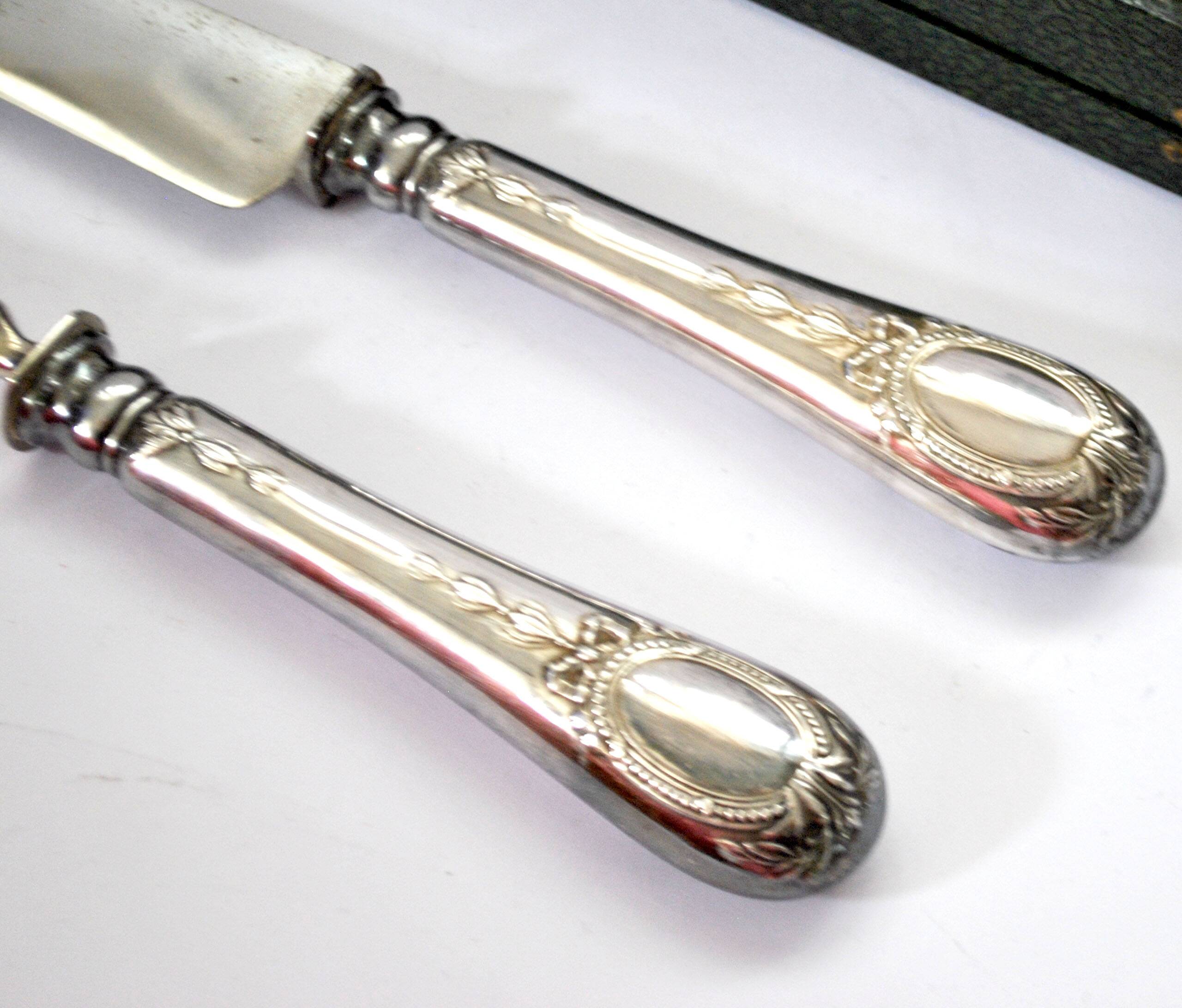 Silver-plated metal knife and fork service cutlery with medallion Fr. SPRENGER STRASBOURG 1900